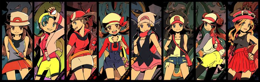 6+girls, :d, bag, bandana, baseball_cap, beanie, bike_shorts, blastoise, blaziken, blonde_hair, blue_(pokemon), blue_eyes, blue_hair, bow, bracelet, brown_eyes, brown_hair, cabbie_hat, crystal_(pokemon), delphox, denim, denim_shorts, double_bun, empoleon, feraligatr, green_eyes, green_hair, hair_ornament, hairclip, handbag, haruka_(pokemon), hat, hat_bow, high_ponytail, highres, hikari_(pokemon), holding, holding_poke_ball, jewelry, kotone_(pokemon), long_hair, looking_at_viewer, meganium, mei_(pokemon), miniskirt, mizuto_(o96ap), multiple_girls, open_mouth, overalls, pleated_skirt, poke_ball, pokemon, pokemon_(creature), pokemon_(game), porkpie_hat, serena_(pokemon), serperior, shorts, skirt, smile, sunglasses, sunglasses_on_head, thighhighs, touko_(pokemon), twintails, vest, violet_eyes, wristband