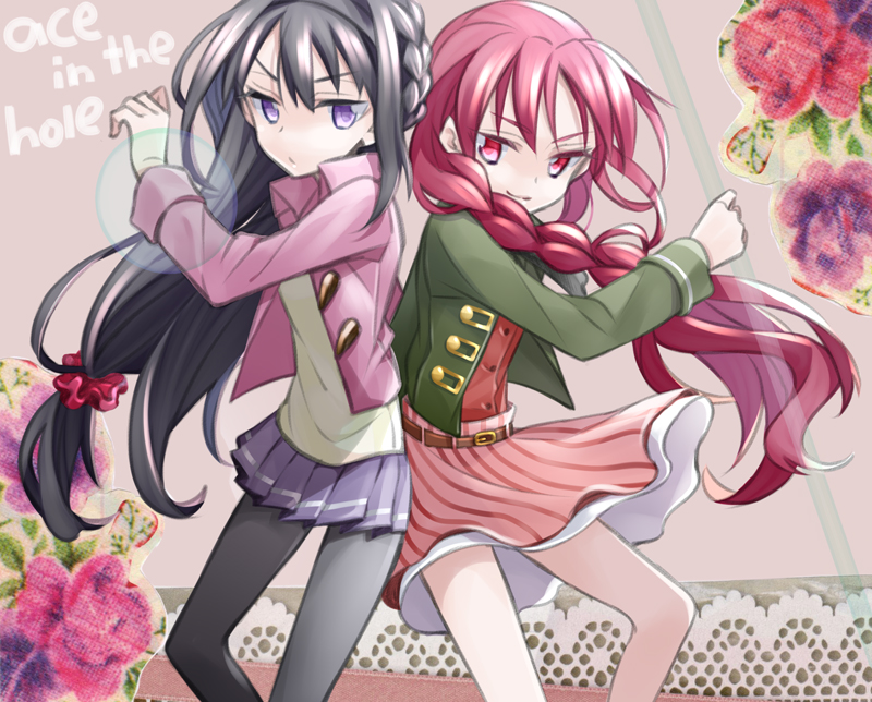 2girls, akemi_homura, alternate_costume, alternate_hairstyle, black_hair, hairband, long_hair, magical_girl