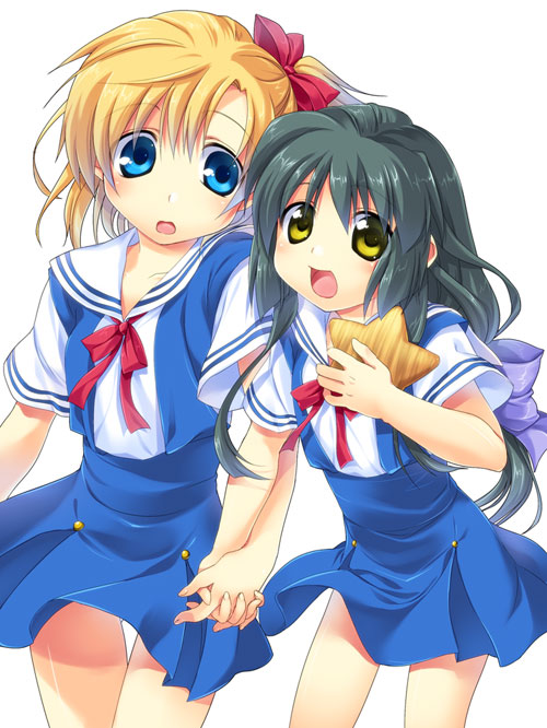 blue_eyes, clannad, genderswap, green_hair, hand_holding, hands, holding_hands, ibuki_fuuko