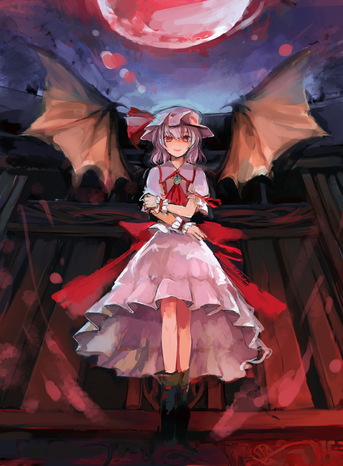 1girl, ascot, bat_wings, blue_hair, brooch, dress, full_moon, hat, hat_ribbon, jewelry, looking_at_viewer, mob_cap, moon, nazuka_(mikkamisaki), night, open_mouth, pink_dress, pink_eyes, puffy_sleeves, red_moon, remilia_scarlet, ribbon, sash, short_sleeves, sky, smile, solo, touhou, wings, wrist_cuffs