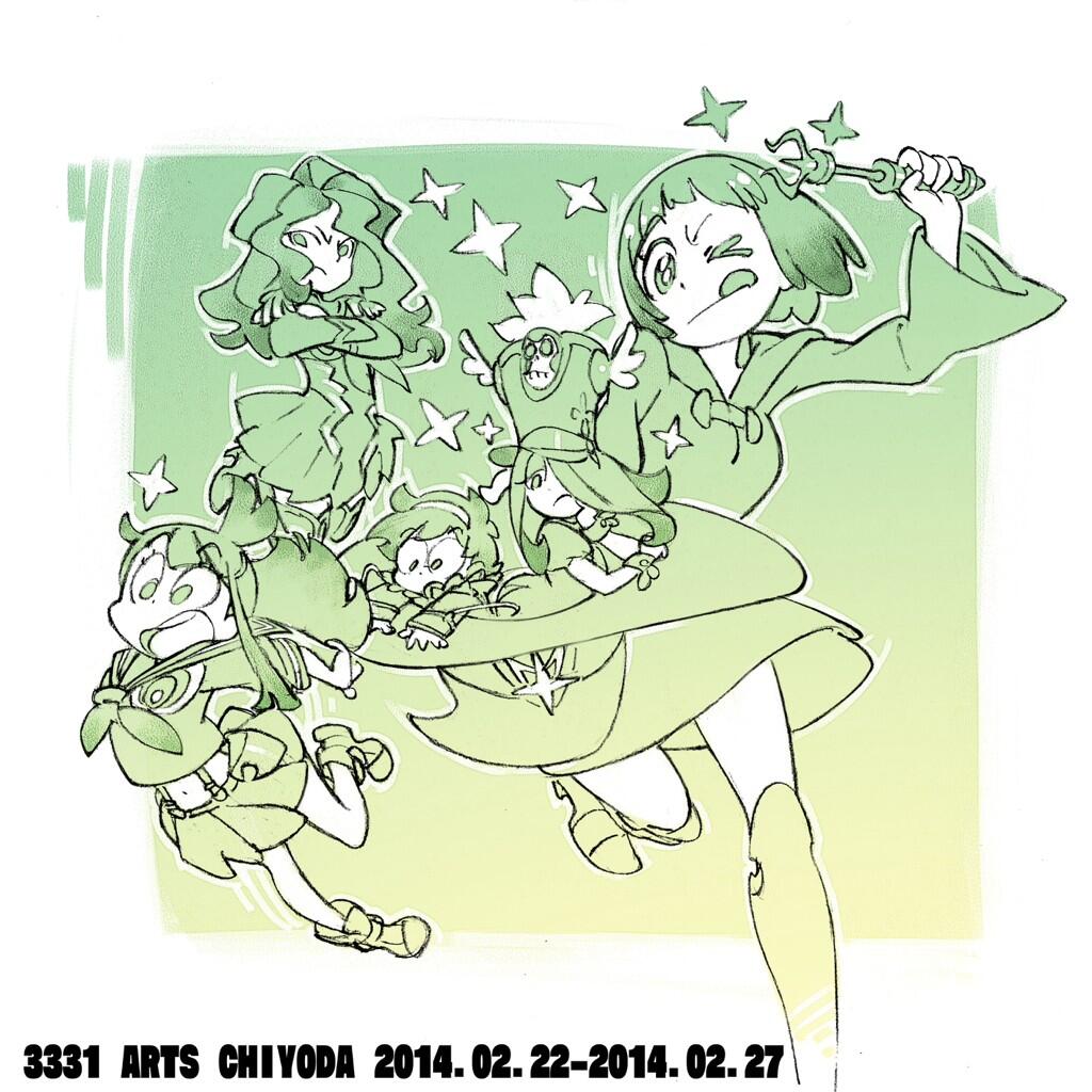 5girls, akko_kagari, boots, company_connection, cosplay, crossed_arms, crossover, diana_cavendish