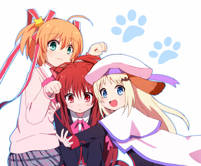 3girls, animal_ears, blonde_hair, blue_eyes, brown_hair, cape, cat_ears, dog_ears