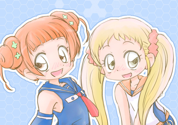 2girls, aoki_hagane_no_arpeggio, blonde_hair, brown_eyes, brown_hair, cosplay, detached_sleeves, dokidoki!_precure