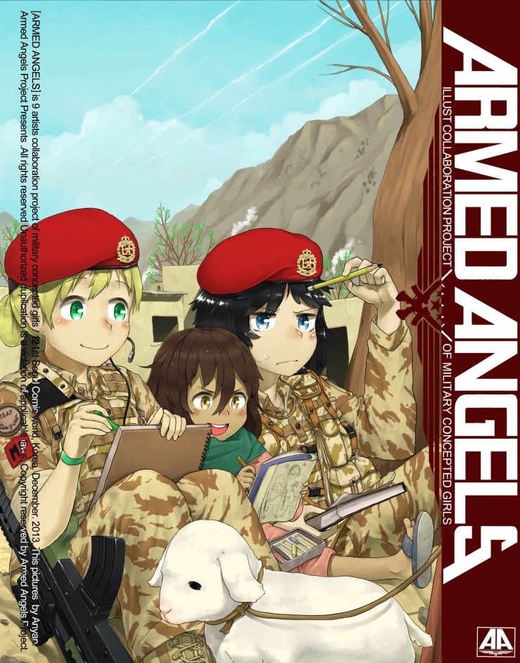 3girls, anyan_(jooho), assault_rifle, beret, black_hair, blonde_hair, blue_eyes, blush