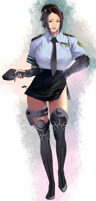 1girl, breasts, brown_hair, cyborg, gun, handgun, headset, holster