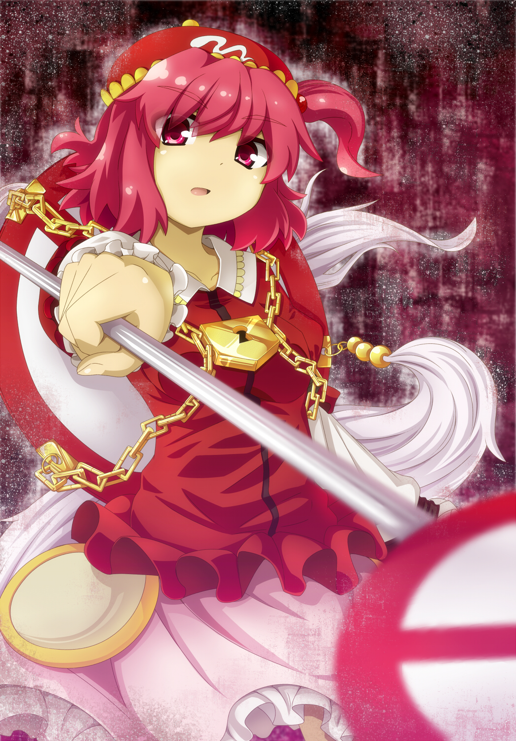 1girl, blouse, blurry, breasts, chain, depth_of_field, foreshortening, gradient, gradient_background, hair_bobbles, hair_ornament, hat, highres, kawashiro_mitori, lock, long_sleeves, looking_at_viewer, mirror, original, parted_lips, pink_eyes, pink_hair, road_sign, ryuu_(multitask), short_hair, side_ponytail, sign, skirt, solo, touhou