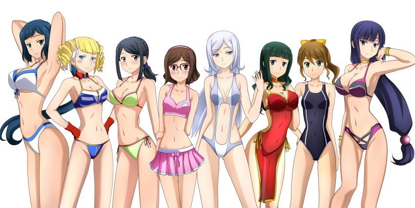 6+girls, aila_jyrkiainen, armpits, bikini, bikini_skirt, black_hair, blonde_hair, blue_eyes
