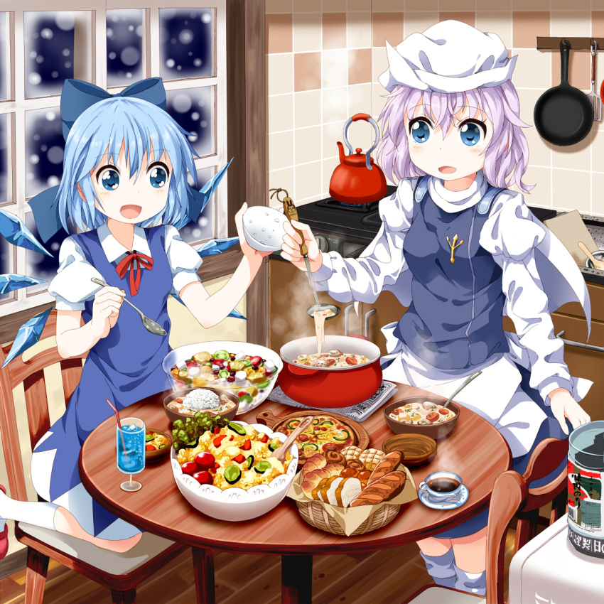 2girls, apron, blue_dress, blue_eyes, blue_hair, bow, bowl, bread