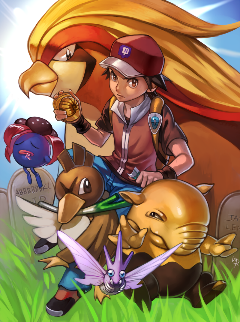 1boy, darkeagle_an, drowzee, farfetch'd, gloom, helix_fossil, pidgeot, pokemon
