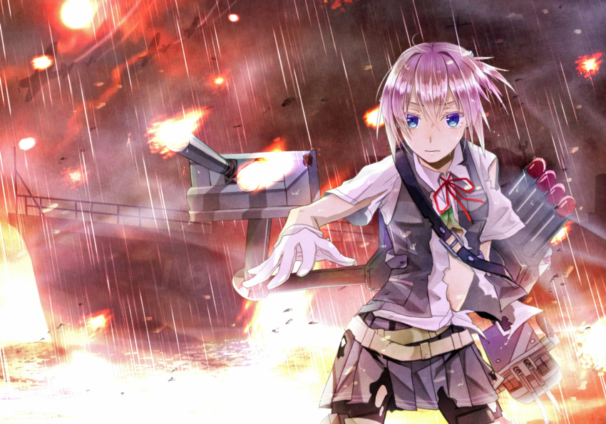 airplane, bike_shorts, blue_eyes, cannon, gloves, kantai_collection, mizuchaya_youkan, pink_hair, ponytail, rain, school_uniform, shiranui_(kantai_collection), torn_clothes, torpedo, warship