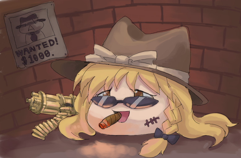 chibi, cigar, fedora, gatling_gun, gun, hat, kirisame_marisa, ribbon