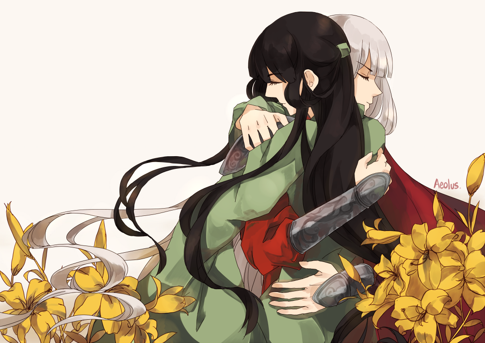 2girls, aeolus, armor, artist_name, closed_eyes, flower, fujiwara_no_mokou, houraisan_kaguya