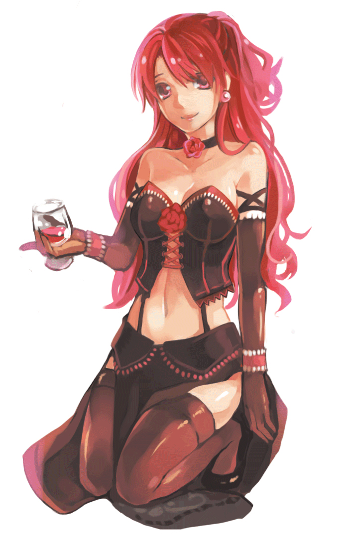 1girl, breasts, choker, cleavage, corset, earrings, elbow_gloves, flower