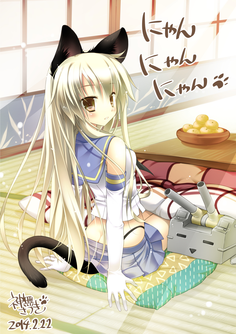 1girl, animal_ears, artist_name, black_panties, blonde_hair, blush, brown_eyes, butt_crack