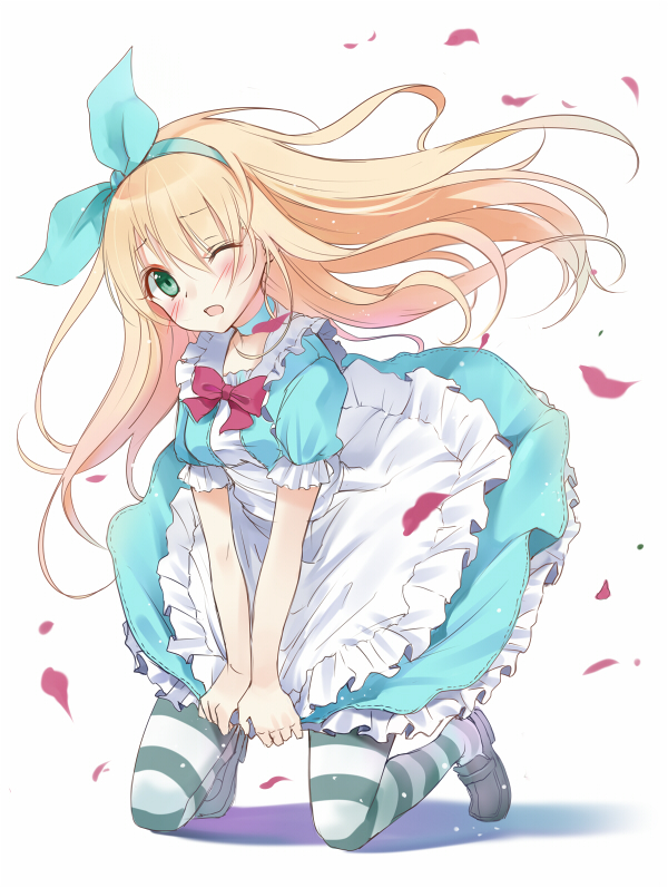 1girl, alice_(wonderland), alice_in_wonderland, apron, blonde_hair, blue_eyes, bow, dress, dress_tug, green_eyes, hair_ribbon, hairband, kneeling, long_hair, maigo_(neko), open_mouth, pantyhose, petals, ribbon, shoes, solo, striped, striped_legwear, wind, wink