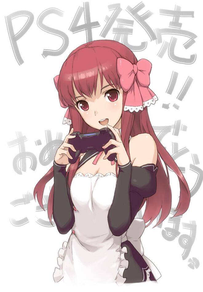 1girl, amane_(dream_c_club), apron, background_text, bare_shoulders, bow, breast_squeeze, breasts