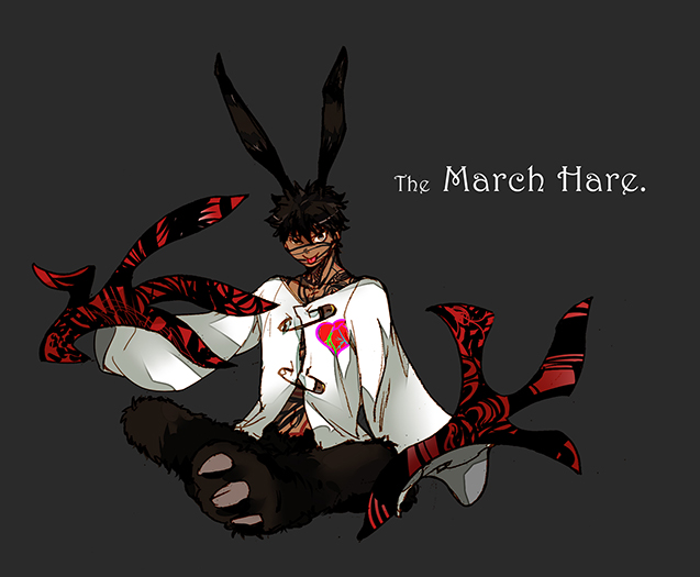 1boy, alice_in_wonderland, animal_ears, avenger, black_hair, cosplay, crimo, dark_skin