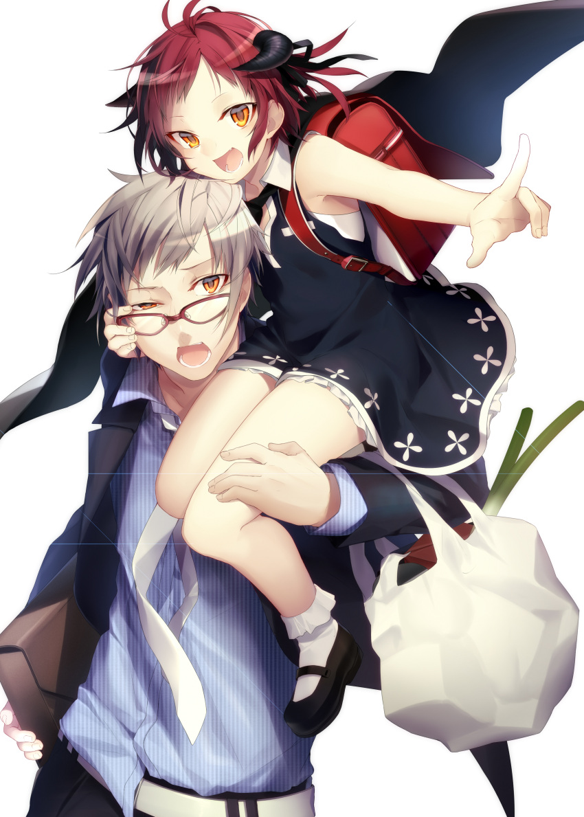 1boy, 1girl, absurdres, backpack, bag, bobby_socks, cape, carrying_over_shoulder