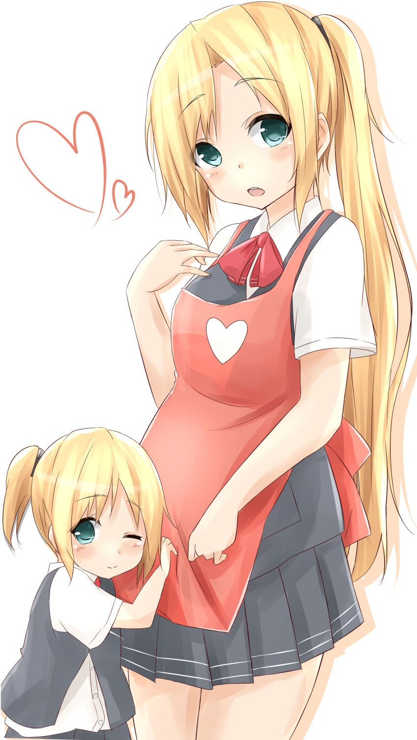 2girls, absurdres, apron, blonde_hair, blue_eyes, commentary_request, heart, highres