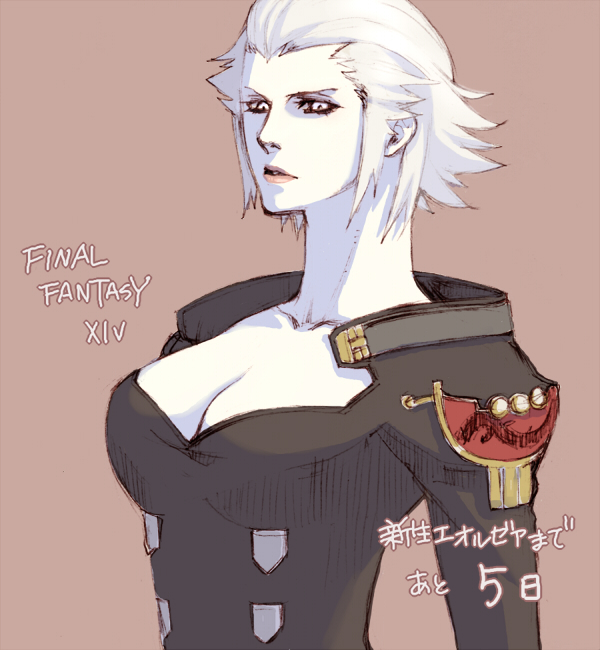 breasts, cleavage, coat, final_fantasy, final_fantasy_xiv, large_breasts, lipstick, makeup, merlwyb_bloefhiswyn, pale_skin, short_hair, suzumaru_(abyss_iris), white_hair
