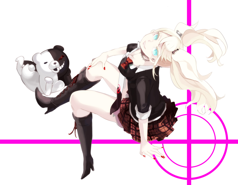1girl, blonde_hair, blue_eyes, boots, dangan_ronpa, enoshima_junko, high_heels, hizuki_(hidu_aki)