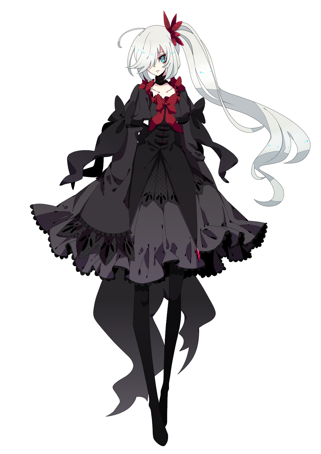 1girl, darkrai, dress, green_eyes, hair_over_one_eye, highres, merlusa, pantyhose