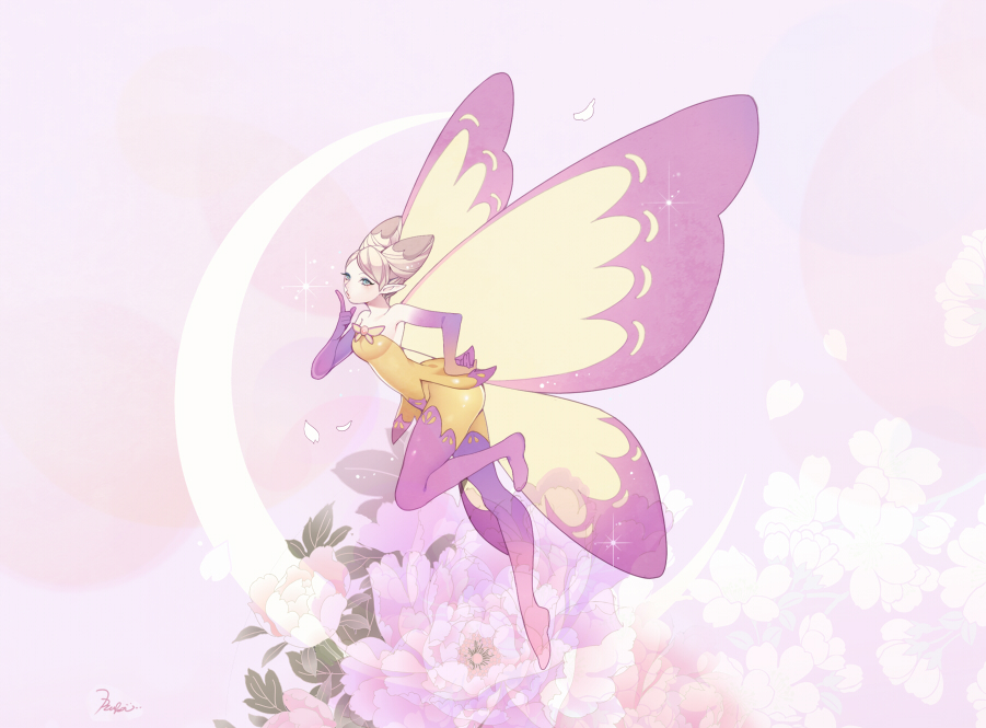 blonde_hair, blue_eyes, crescent_moon, double_bun, fairy, fairy_wings, final_fantasy, final_fantasy_xiv
