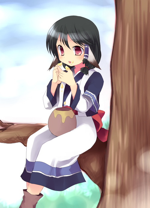 aruru, aruruu, black_hair, boots, dress, flat_chest, food, honey