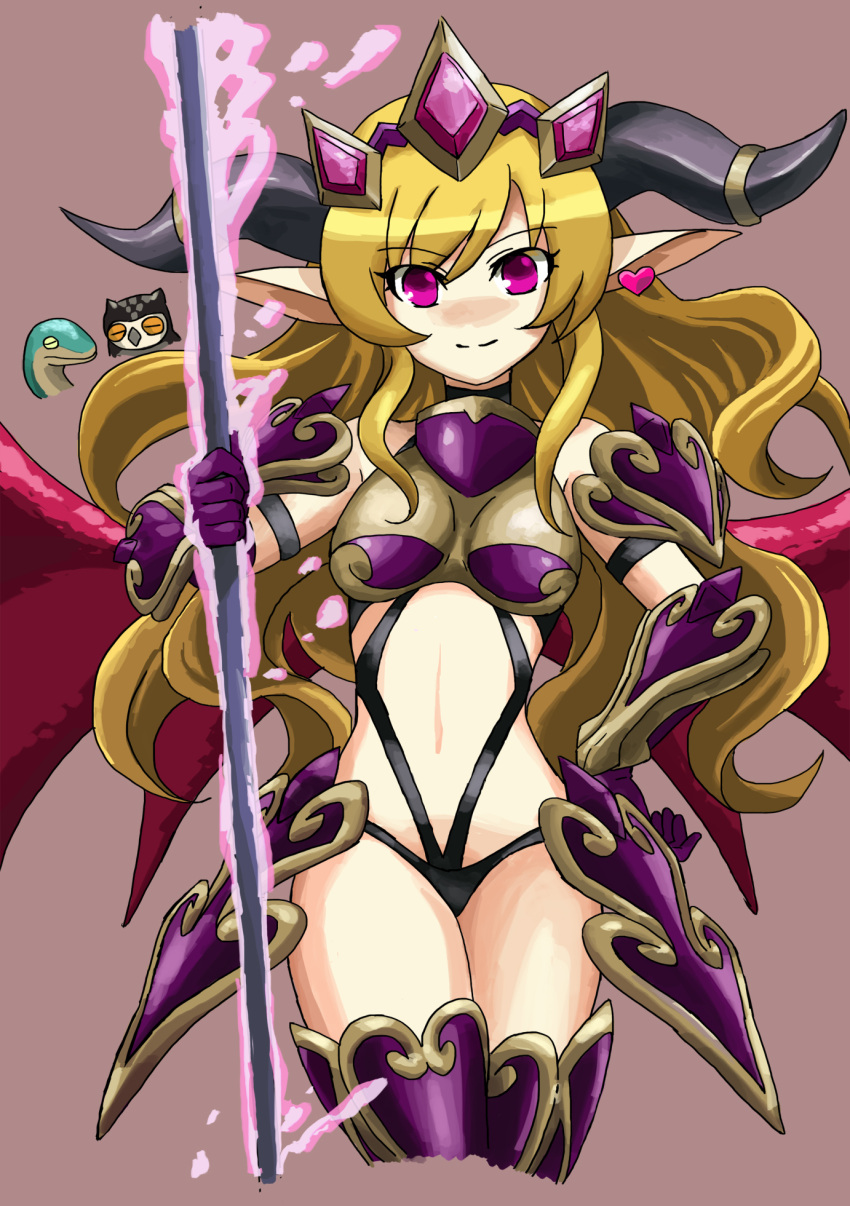 1girl, armor, blonde_hair, demon_girl, demon_wings, highres, horns, junu