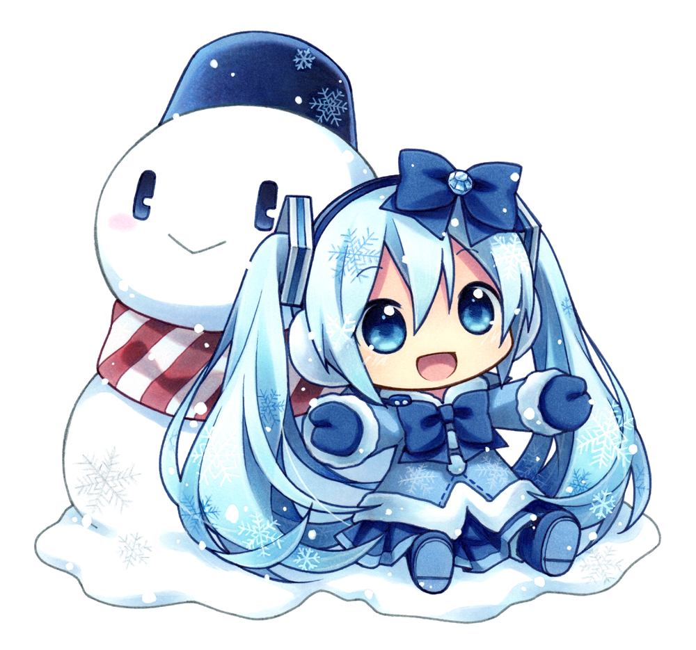 1girl, :d, blue_eyes, blue_hair, chibi, earmuffs, hatsune_miku, kagami_leo