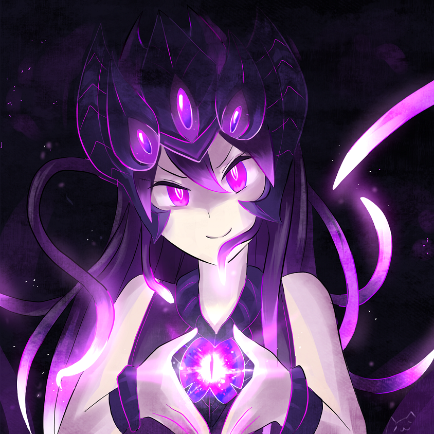 1girl, helmet, league_of_legends, purple_hair, smile, spark_(pixiv), tentacle_hair, tentacles