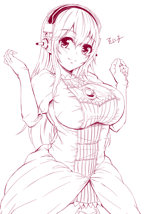 1girl, blush, breasts, dress, headphones, large_breasts, long_hair, looking_at_viewer