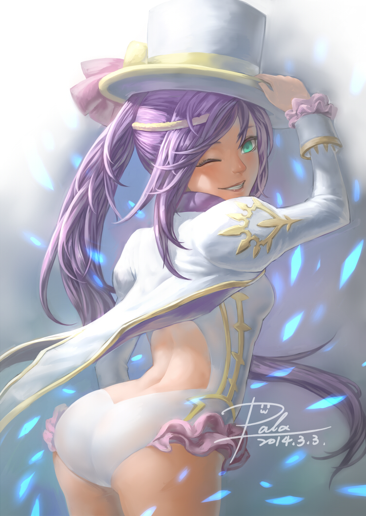 1girl, from_behind, green_eyes, hat, leotard, luka_(p&amp;d), purple_hair, puzzle_&amp;_dragons