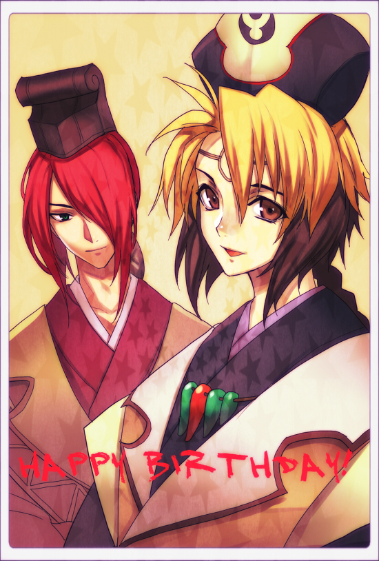 2boys, black_hair, blonde_hair, braid, brown_eyes, hair_over_one_eye, happy_birthday, japanese_clothes, long_hair, male, multicolored_hair, multiple_boys, ozaki_c, redhead, simba_(spectral_force), smile, solty, spectral_(series), spectral_force, two-tone_hair, yellow_background