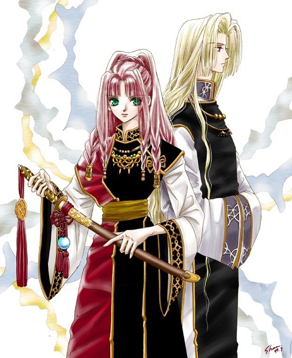 1999, 1boy, 1girl, blonde_hair, chinese_clothes, green_eyes, hands_in_sleeves, jewelry