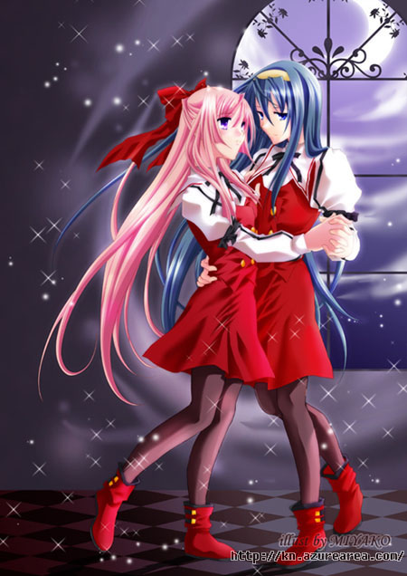 2girls, artist_name, blue_hair, bow, brown_legwear, checkered, checkered_floor, crescent_moon, dancing, hair_bow, hairband, hand_on_hip, himemiya_chikane, holding_hands, interlocked_fingers, kannazuki_no_miko, kurusugawa_himeko, long_hair, miyako_(azurearea), moon, multiple_girls, night, pantyhose, pink_hair, red_boots, red_skirt, school_uniform, skirt, skirt_set, sparkle, very_long_hair, watermark, web_address, window, yuri