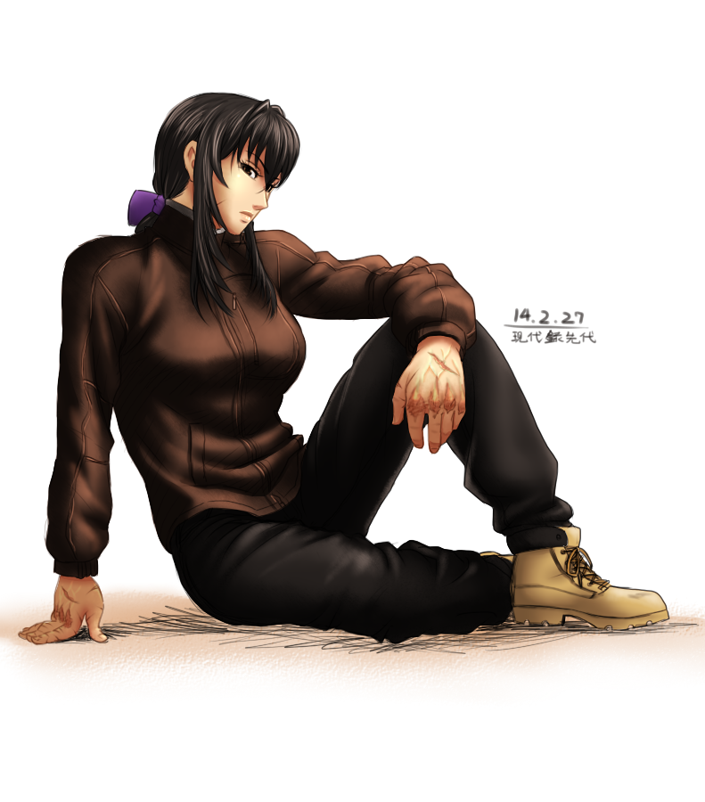 1girl, alternate_costume, alternate_hairstyle, boots, brown_eyes, brown_hair, coat, dated