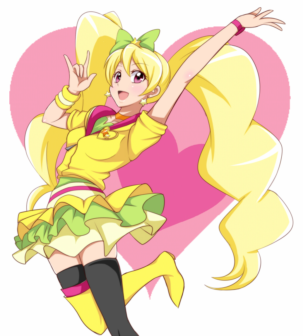 1girl, blonde_hair, boots, cosplay, crossover, cure_lovely, cure_lovely_(cosplay), cure_peach