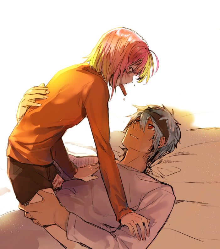 2boys, androgynous, bed, blonde_hair, blue_hair, erubo, headband, hug