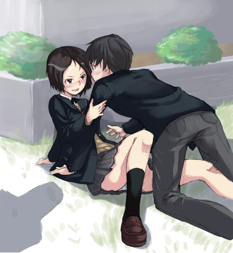1boy, 1girl, amagami, assertive, black_hair, black_legwear, blazer, blood