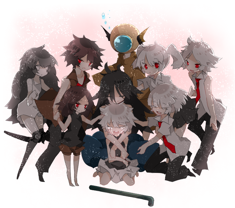 .flow, 3boys, 6+girls, amputee, black-haired_girl_(.flow), bob_cut, brother_and_sister, comforting
