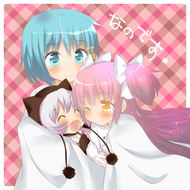 3girls, blue_eyes, blue_hair, bow, cape, closed_eyes, gloves, goddess_madoka, hair_bow, hair_ornament, hairclip, hat, hug, kaname_madoka, magical_girl, mahou_shoujo_madoka_magica, mahou_shoujo_madoka_magica_movie, miki_sayaka, misfit_funny, momoe_nagisa, multiple_girls, pink_hair, smile, spoilers, two_side_up, white_hair, wink, yellow_eyes
