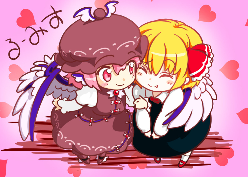 2girls, ^_^, bird_wings, blonde_hair, blouse, closed_eyes, fang_out, feconf