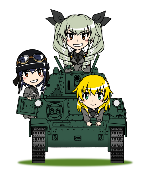3girls, anchovy, blonde_hair, blush, bow, braid, carpaccio, caterpillar_tracks, drill_hair, enter_enter_mission!, girls_und_panzer, graphite_(medium), green_eyes, green_hair, hair_bow, helmet, long_hair, military, military_uniform, military_vehicle, millipen_(medium), mixed_media, multiple_girls, necktie, osaka_kanagawa, pepperoni_(girls_und_panzer), photoshop, purple_hair, red_eyes, smile, tank, traditional_media, twin_drills, uniform, vehicle, very_long_hair