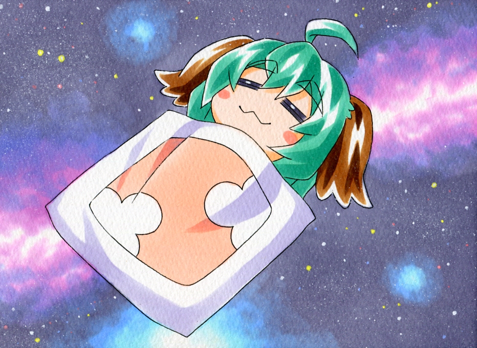 1girl, ahoge, animal_ears, blush, blush_stickers, closed_eyes, futon, green_hair
