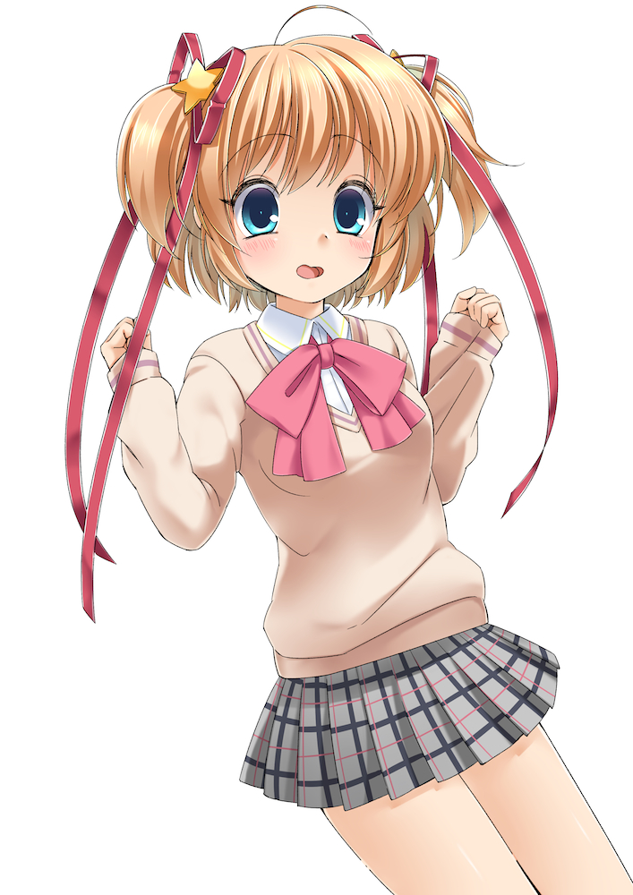 1girl, blonde_hair, blue_eyes, kamikita_komari, little_busters!!, ribbon, school_uniform, short_hair, twintails, yupachi