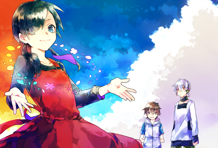 1girl, 2boys, amamiya_hibiya, black_hair, blue_eyes, brown_eyes, brown_hair, haruu_shun
