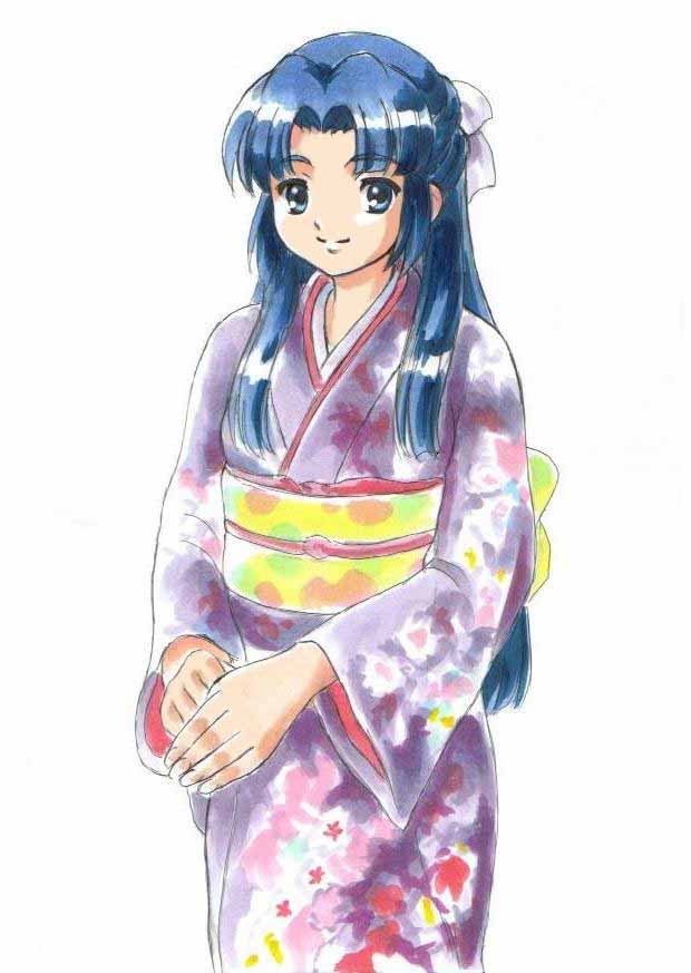 asakura_ryouko, blue_eyes, blue_hair, fujita_(speedlimit), hair_bow, japanese_clothes, jpeg_artifacts, kimono