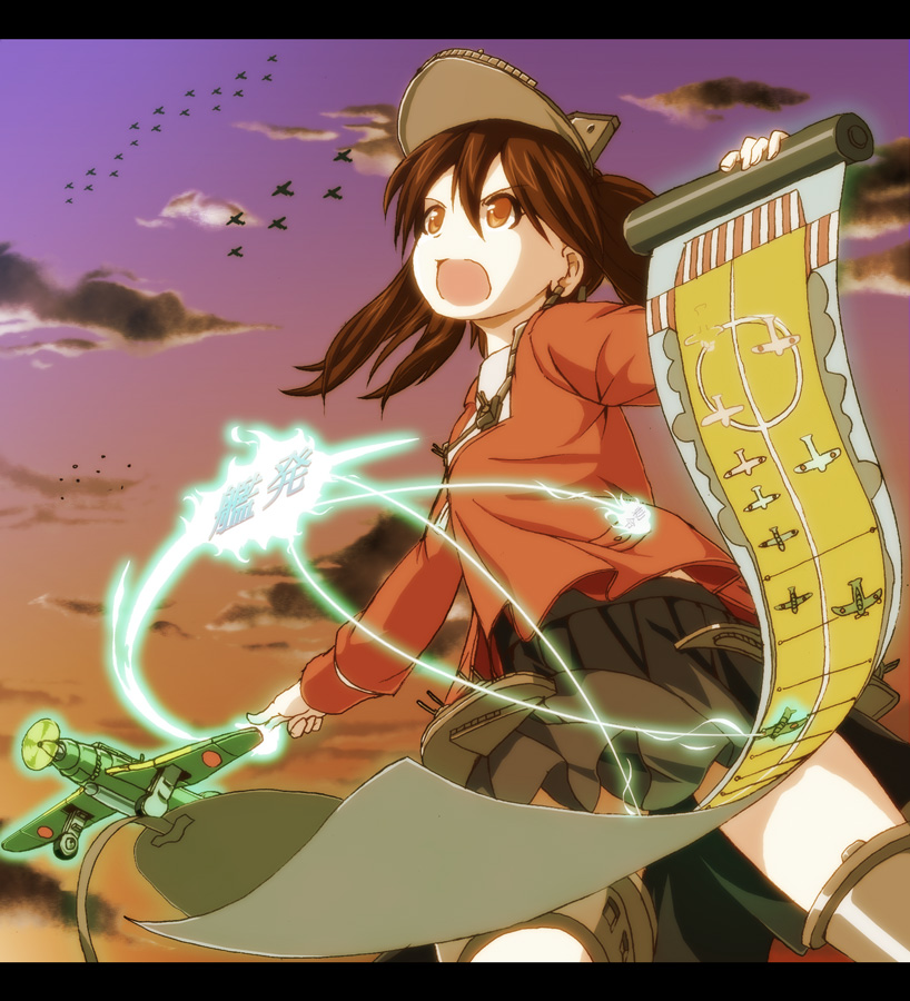 1girl, airplane, brown_eyes, brown_hair, clouds, kantai_collection, letterboxed, long_hair