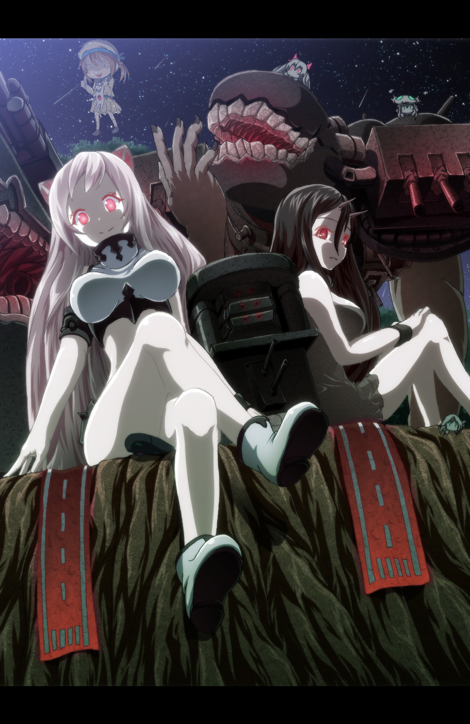 3girls, airfield_hime, battleship-symbiotic_hime, black_hair, boots, breasts, chibi, crossed_legs